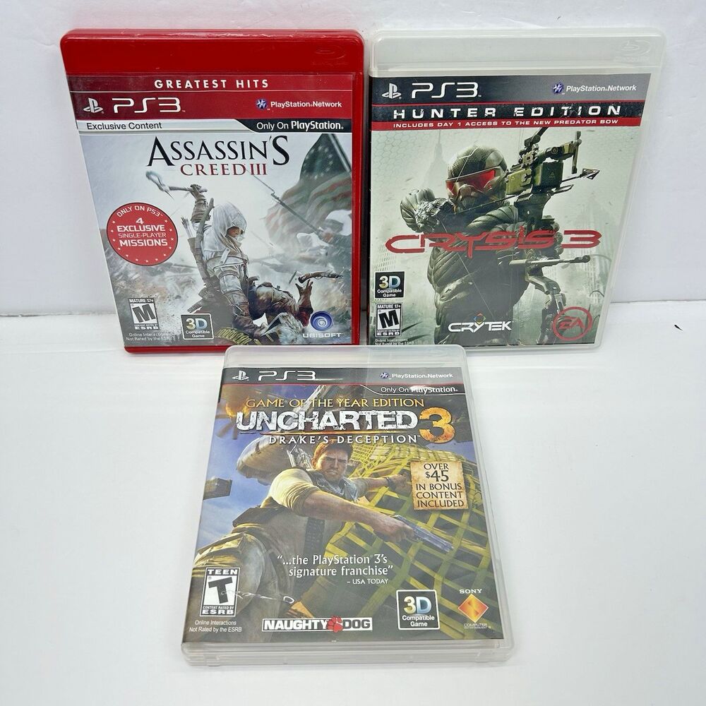 PlayStation 3 PS3 Bundle Lot Assassins Creed III Crysis 3 Uncharted 3 Drakes